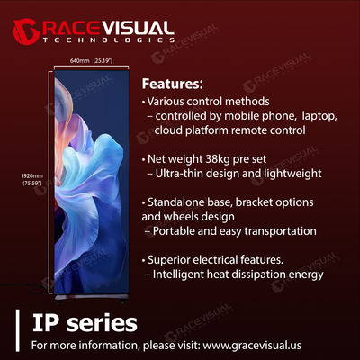 IP-serie. Sleek P2.5 LED-poster Ultra-slim 640×1920mm scherm met 16bit kleurenprecisie en draagbaar ontwerp voor stijlvolle indoor campagnes